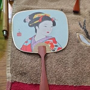 Vtg Japanese Girl Lady Souvenir Hand Fan Postcard Wood Handle Light Blue